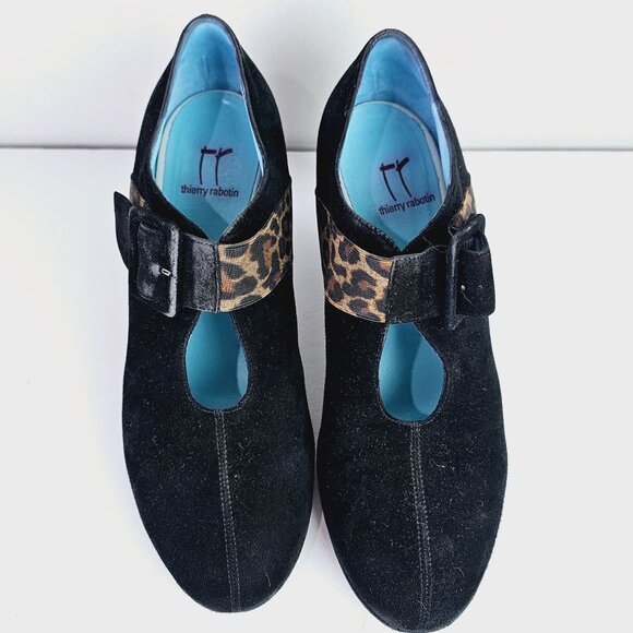 Vintage Thierry Rabotin Black Suede Leopard Mary Jane Chunk Heels, Italy, 38 1/2 - Picture 6 of 11